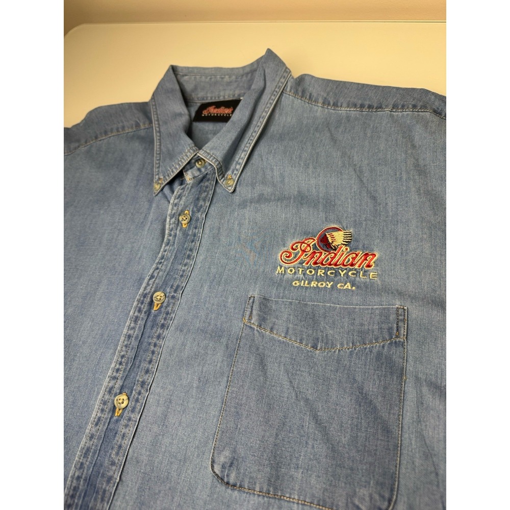 Vintage Indian Motorcycle Denim Button Up Shirt Mens Size XXL Gilroy CA. Biker